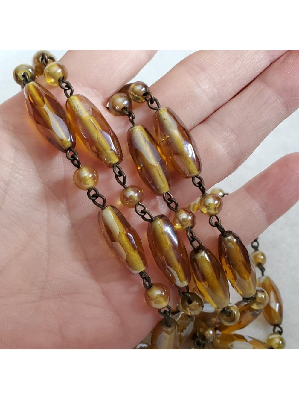 Vintage Glass Beaded Necklace Yellow Brown Flapper Opera 64"